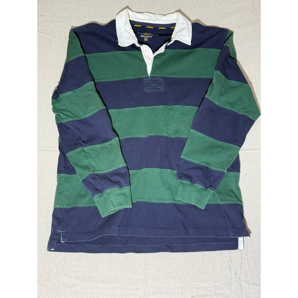 Club Room Mens Rugby Shirt Medium Navy Blue Green Striped Long Sleeve Cotton